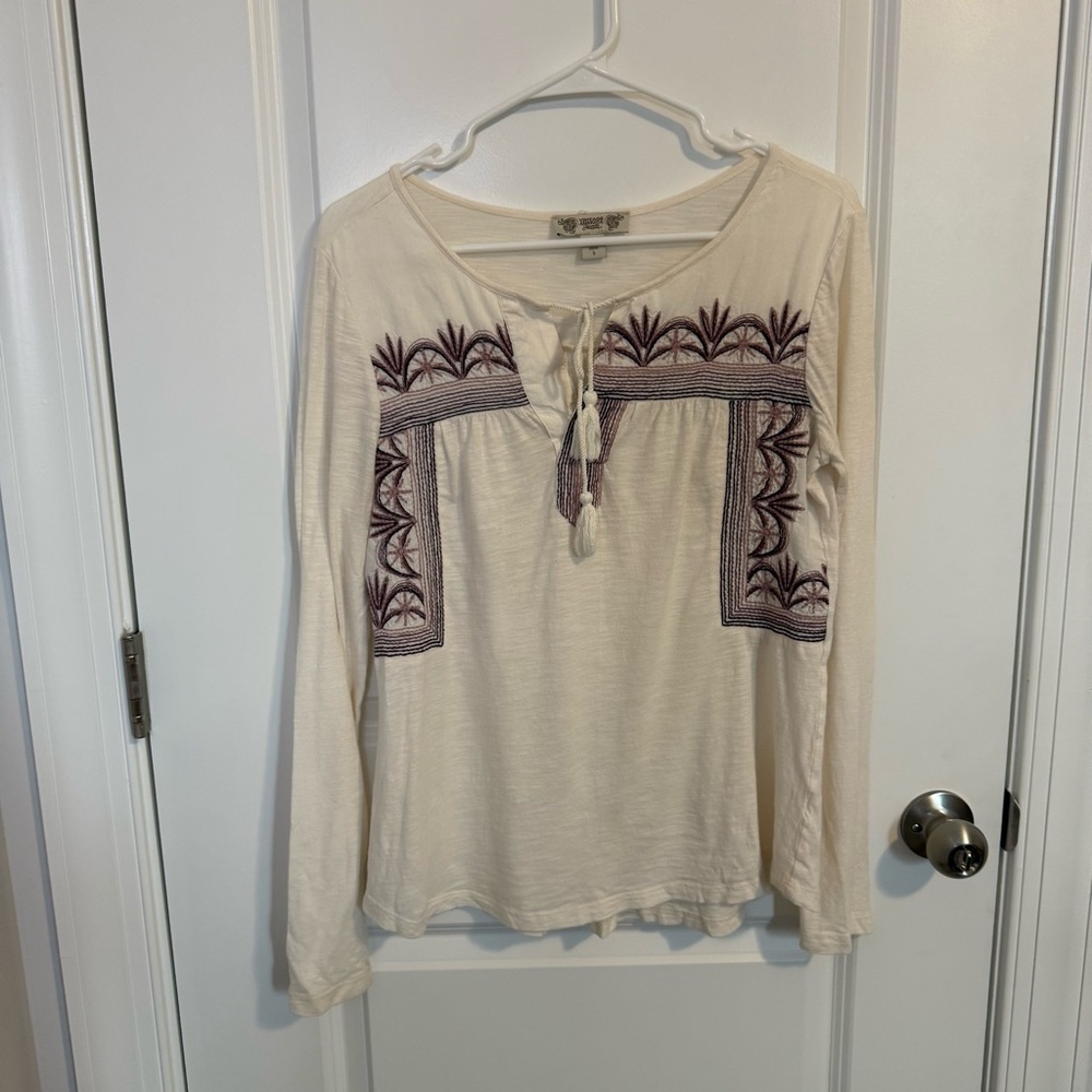 Vintage America Blues Eggshell Cream Ema Embroidered Tassel Tie Tunic Top‎ Small